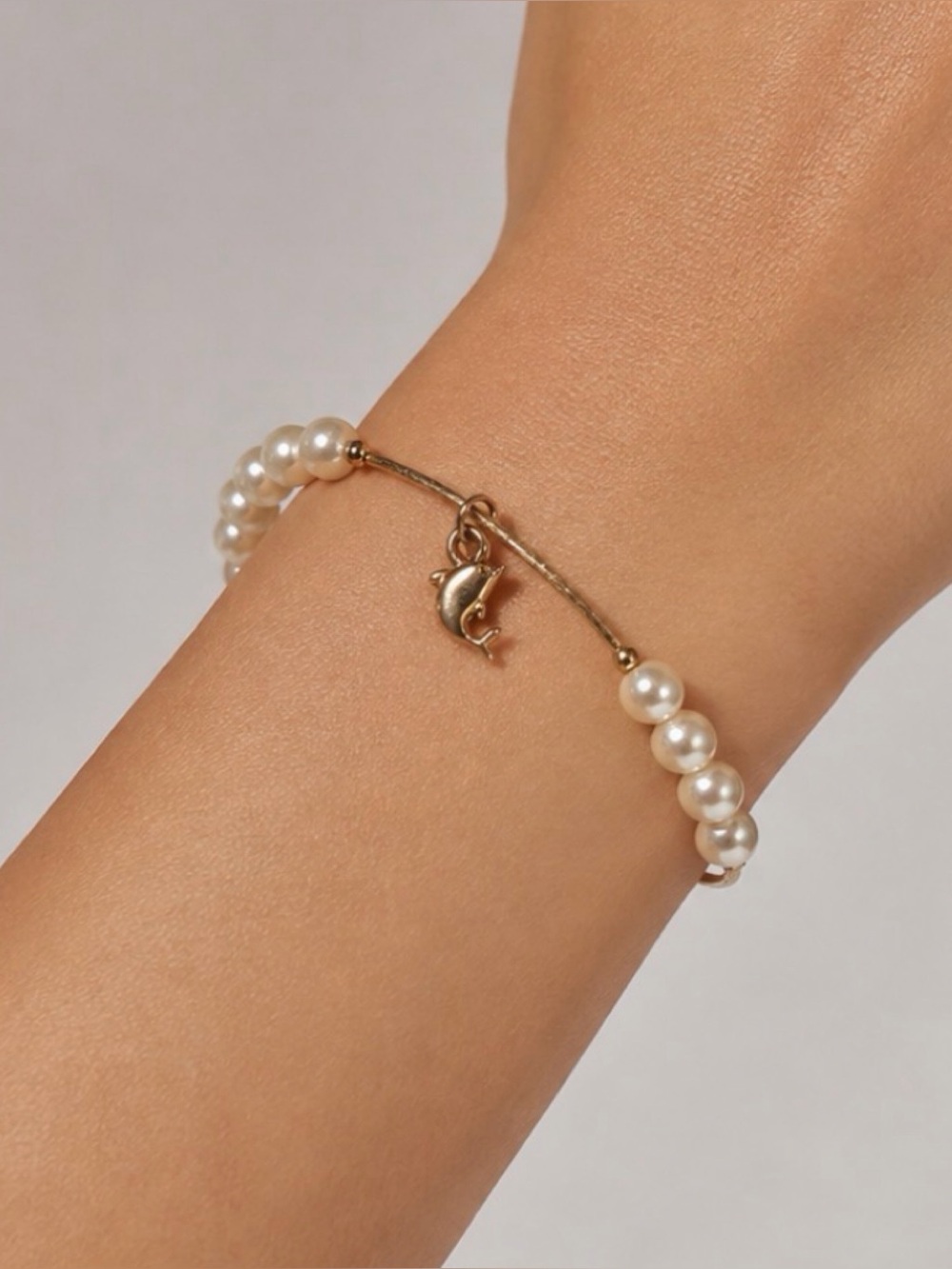 Gold-Tone Faux Pearl Dolphin Charm Bracelet, OS